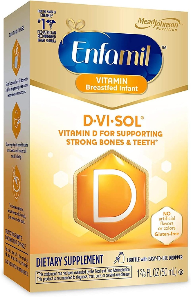 Enfamil D- Vi- Sol D-vitamindråber til spædbørn, understøtter stærke knogler og tænder, Gluten- fri, Let at bruge Dropper Flaske 50 ml