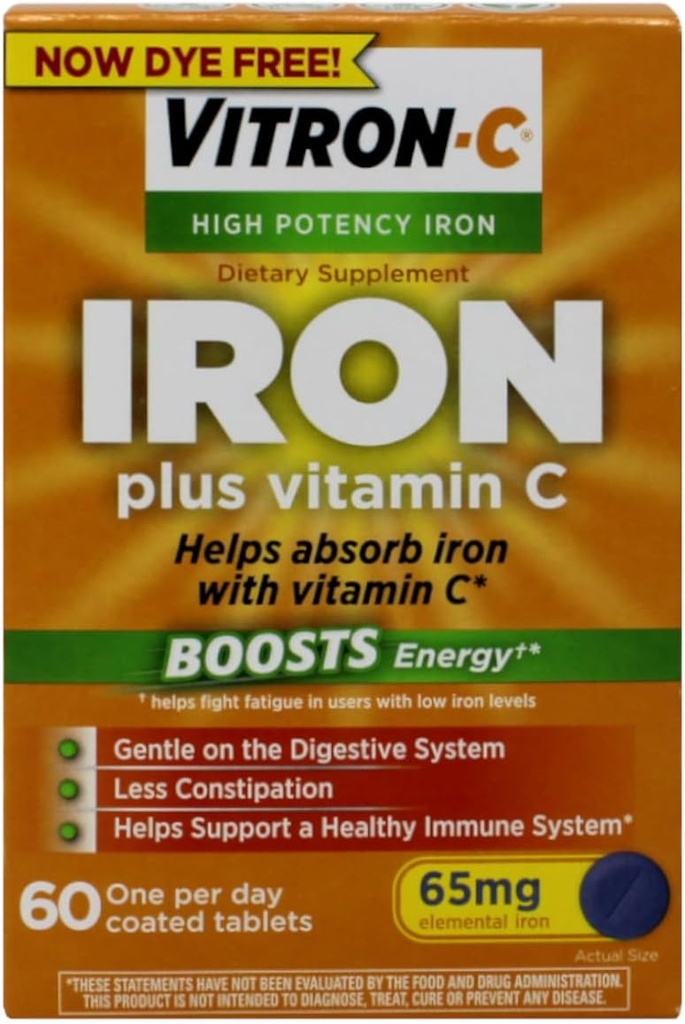 Vitron- C højpotens jerndiæt - Iron Plus C-vitamin, øger energi, blid på fordøjelsessystemet, 60 overtrukne tabletter, 65 mg elementært jern