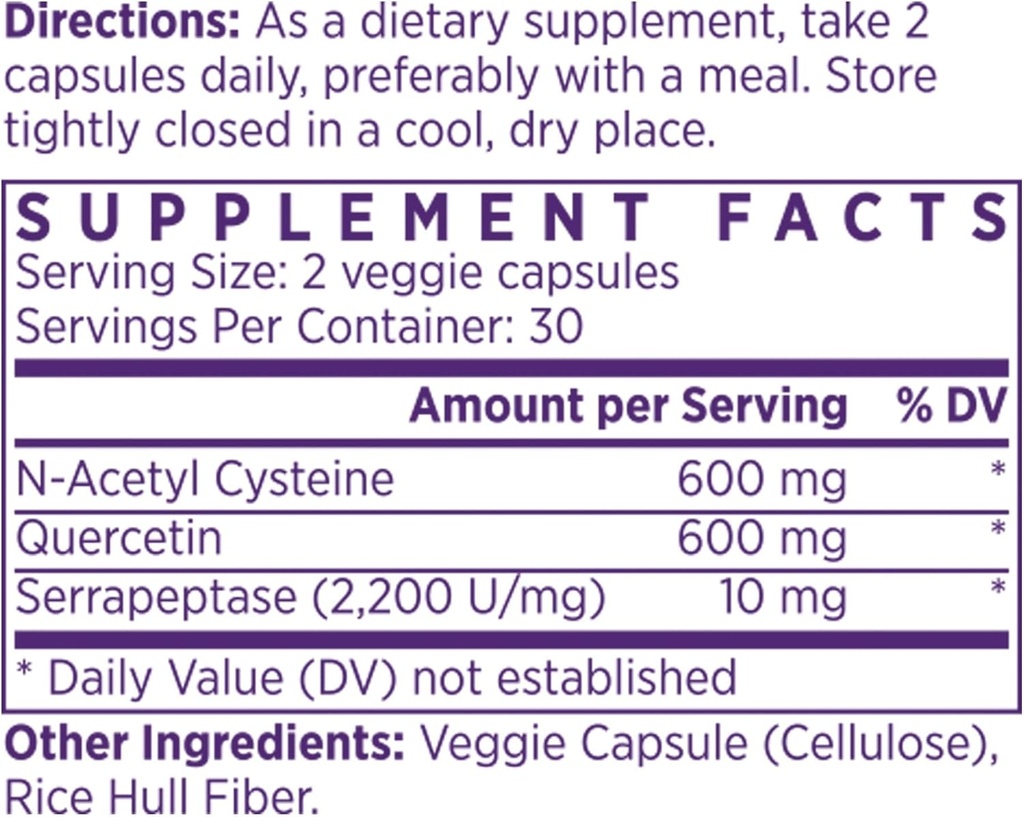 NAOMI NAC 600 mg med Quercetin til immunforsvar og respiratorisk støtte, normal vejrtrækning, nasal og øje komfort, sinus og respiratorisk funktion, 60 kapsler
