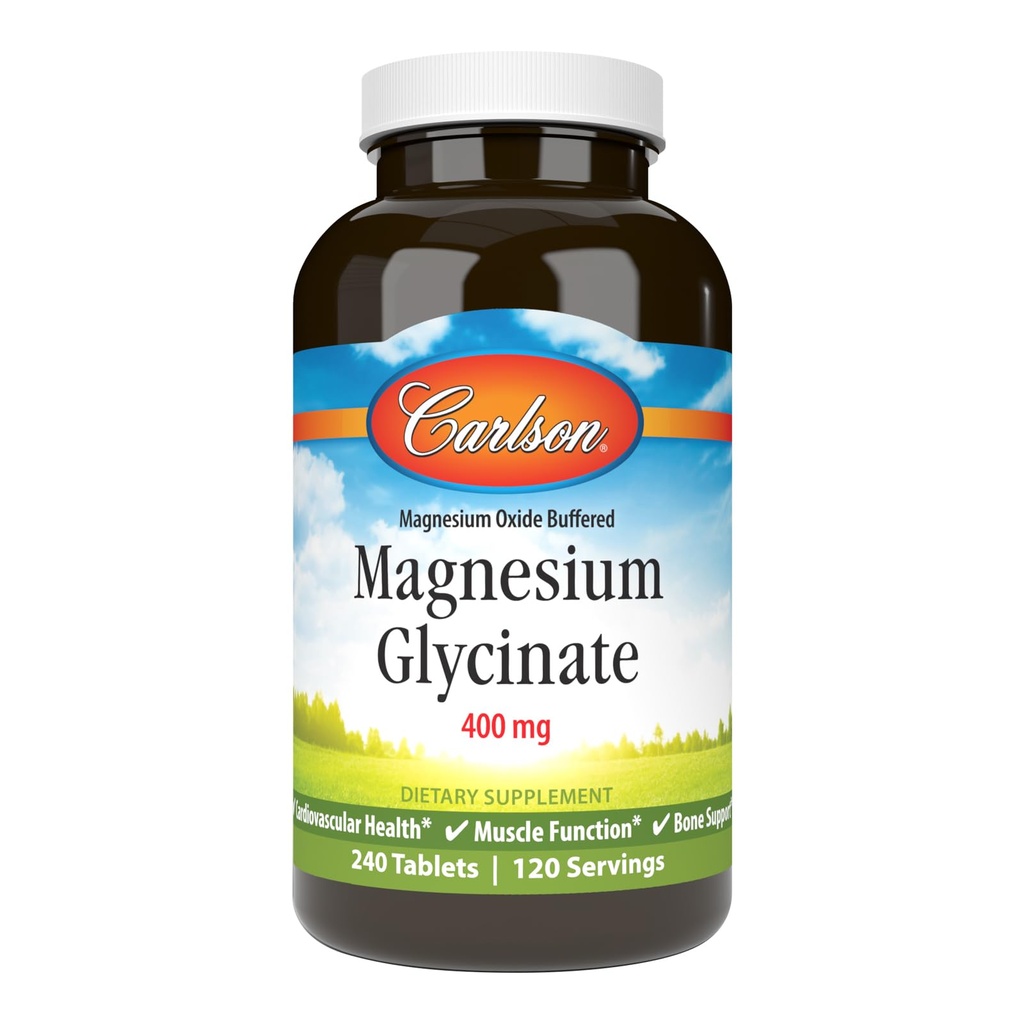 Carlson - Magnesium Glycinat, 200 mg, Superior Absorption, Heart Health, Muskelfunktion, Knoglestøtte, 240 tabletter