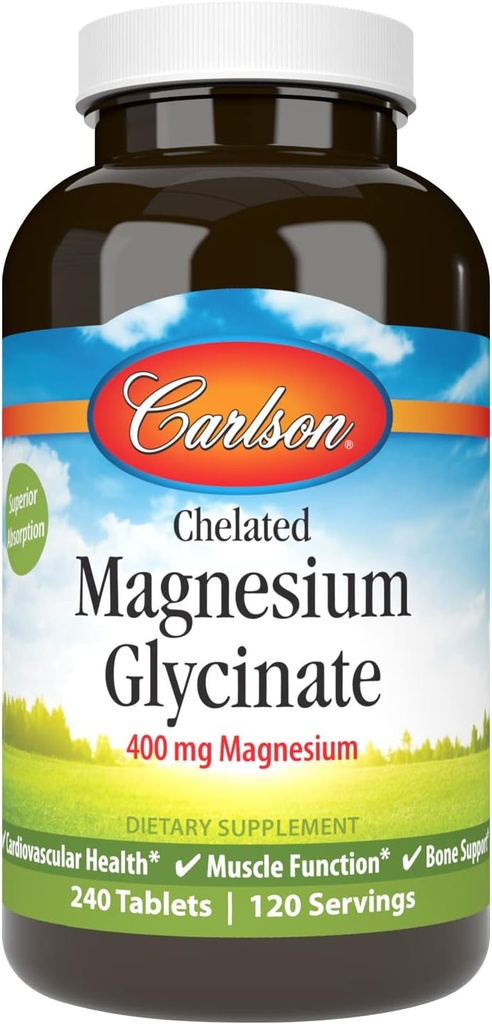 Carlson - Magnesium Glycinat, 200 mg, Superior Absorption, Heart Health, Muskelfunktion, Knoglestøtte, 240 tabletter