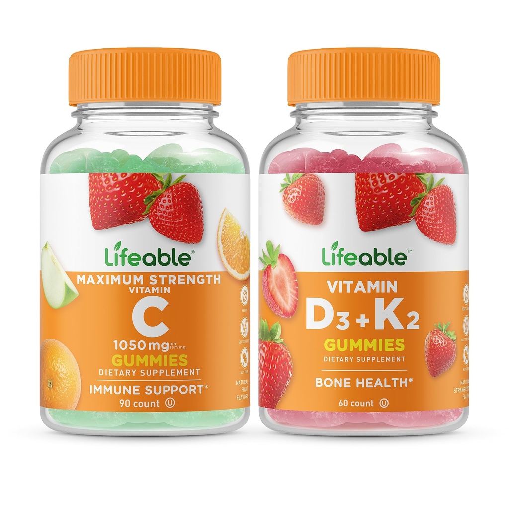 Lifeable Vitamin C 1050mg + Vitamin D3 + Vitamin K2, Gummies Bundle - Great Tasting, Vitamin Supplement, Gluten fri, GMO fri, Chewable Gummy