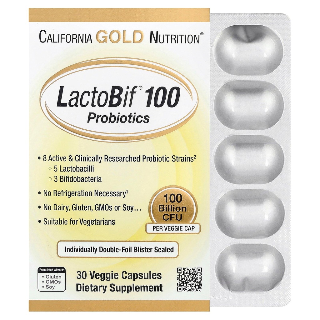 California Gold Nutrition LactoBif Probiotika, 100 Bllion CFU, 8 Active & Clinically Researched Probiotic Stains, Sugar- Free, Vegetar, Individuelt Double- folie Blister Sealed, 30 Veggie Kapsler