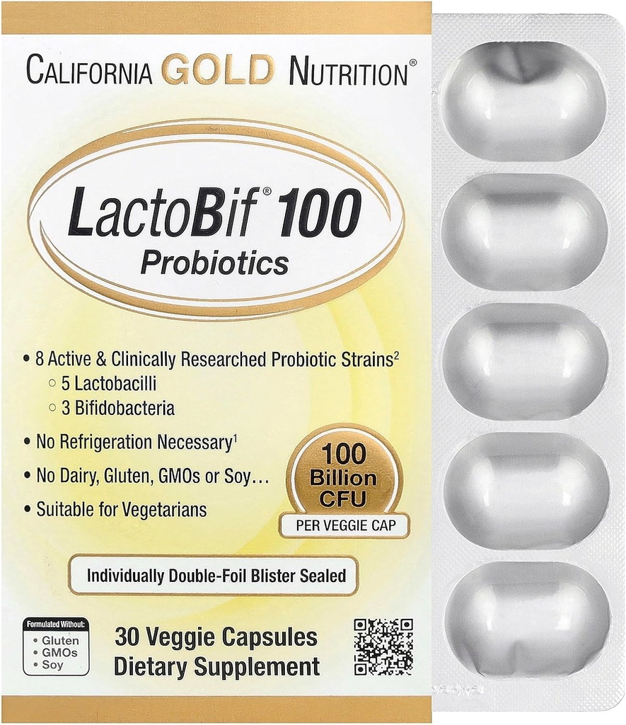 California Gold Nutrition LactoBif Probiotika, 100 Bllion CFU, 8 Active & Clinically Researched Probiotic Stains, Sugar- Free, Vegetar, Individuelt Double- folie Blister Sealed, 30 Veggie Kapsler