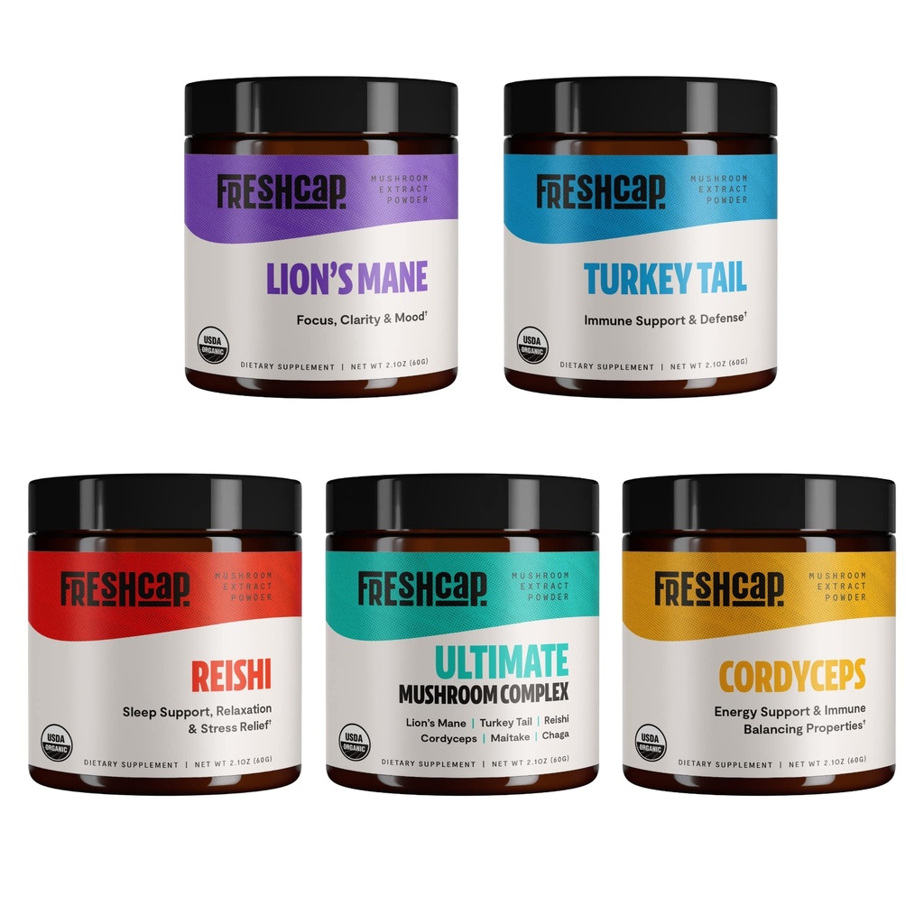FreshCap svampe Ultimate Mushroom Starter Kit (Cordyceps, Lions Mane, Tyrkiet Hale, Reishi og Ultimate Mushroom Kompleks) 60 Serveringer