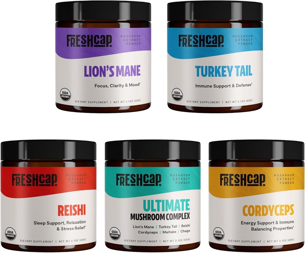 FreshCap svampe Ultimate Mushroom Starter Kit (Cordyceps, Lions Mane, Tyrkiet Hale, Reishi og Ultimate Mushroom Kompleks) 60 Serveringer