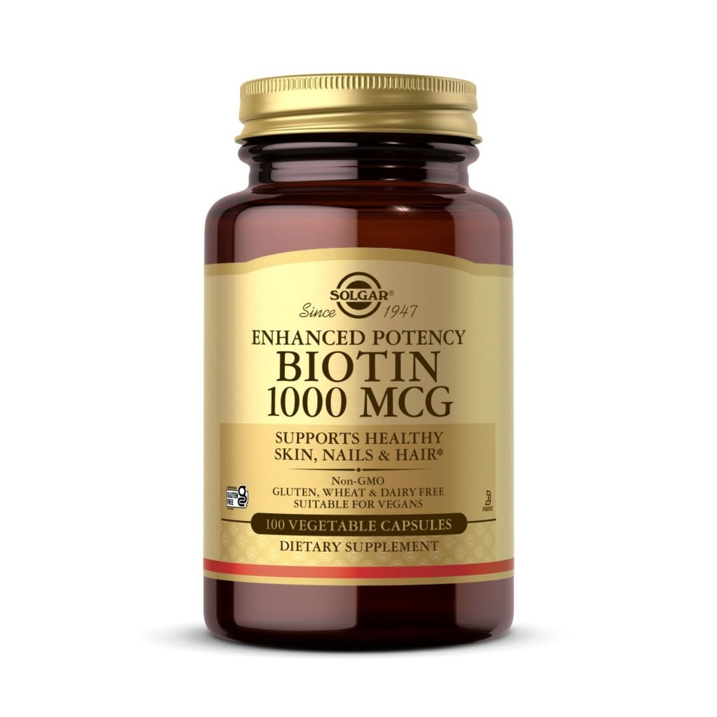 Solgar Biotin 1000 mcg - 100 Vegetabilske kapsler - Understøtter sund hud, negle & hår - non-GMO, Vegan, Gluten Free, Dairy Free, Kosher - 100 Servere