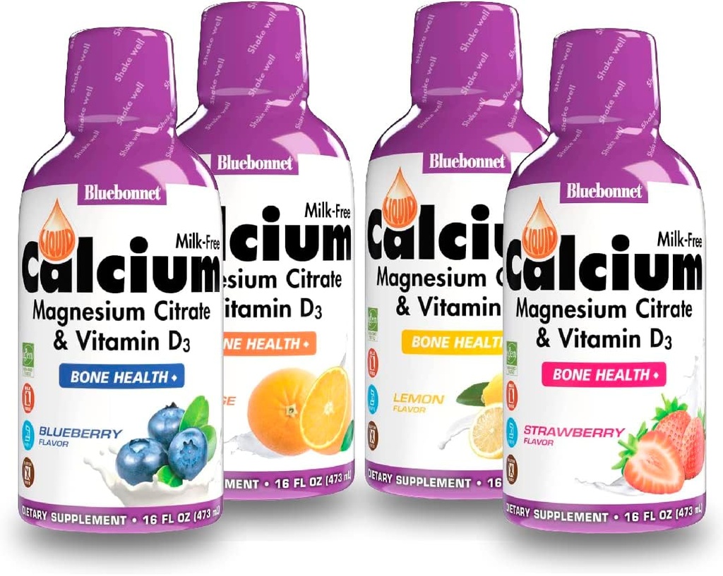 Bluebonnet Nutrition Flydende Calcium Citrat Magnesium Citrate, Vitamin D3, Bone Health - Bundle of Orange, Blåbær, Lemon og Strawberry Flavor, 4 Flaske med 16 Fl Oz Hver (64 Fl Oz i alt)