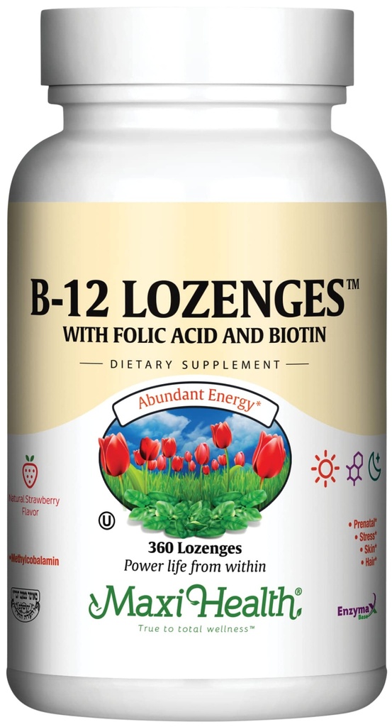 Maxi Health Vitamin B12 Lozenges med folinsyre og biotin - Sublingual B12 Vitamin Jordbær Flavor - Vegetarisk Kosher B 12 Vitamin til røde blodlegemer produktion og energi (360 Tæl)