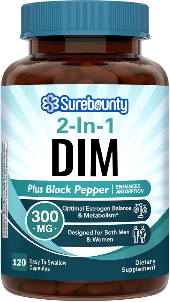DIM supplement 300mg til kvinder & mænd, østrogen balance & Metabolisme, Hormonbalance, Menopause support, energivedligeholdelse, høj absorption med sort peber ekstrakt, 120 Caps