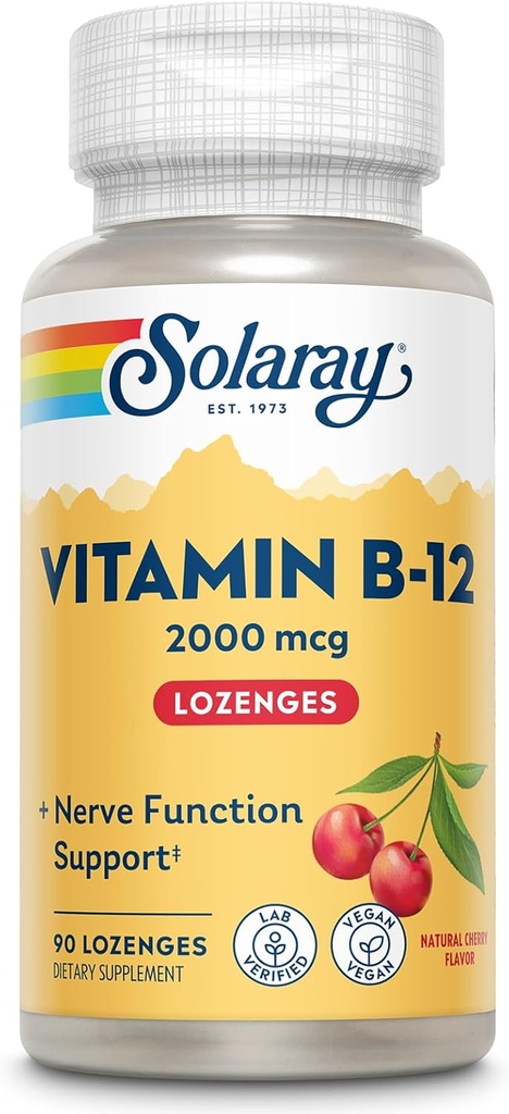 SOLARAY Vitamin B12 2000 mcg Lozenges - Ingen sukker, Natural Cherry Flavor Vitamin B 12 supplement til nerve funktion, energi og røde blod Cell Support - Lab Verified, Vegan - 90 Servere, 90 Lozenges