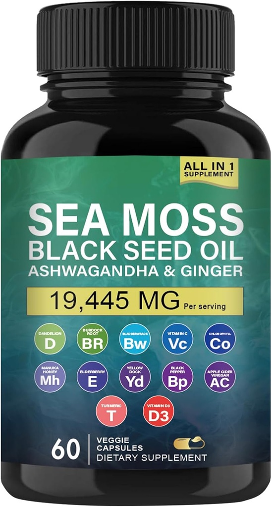Organic Sea Moss, Black Seed Oil, Ashwagandha og ingefær kapsler, Sea Moss kosttilskud med Burdock Root Organic, C-vitamin, D3, gurkemeje og gul Dock til energistøtte, immunsystem og hud