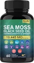 Organic Sea Moss, Black Seed Oil, Ashwagandha og ingefær kapsler, Sea Moss kosttilskud med Burdock Root Organic, C-vitamin, D3, gurkemeje og gul Dock til energistøtte, immunsystem og hud