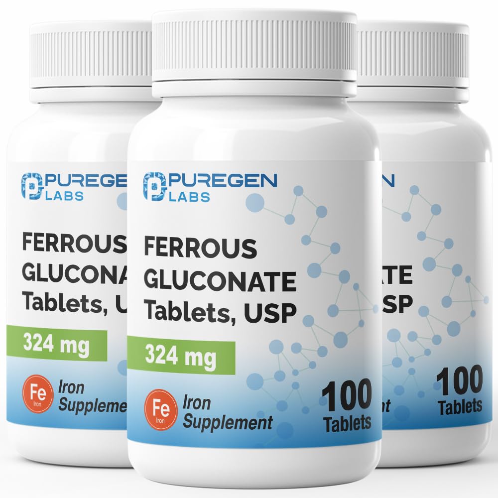 Puregen Labs Ferrous Gluconate 324 mg [høj potens] Jerntilskud, let på Mavesæk 124; 3 Pack - 300 tabletter i alt