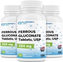 Puregen Labs Ferrous Gluconate 324 mg [høj potens] Jerntilskud, let på Mavesæk 124; 3 Pack - 300 tabletter i alt