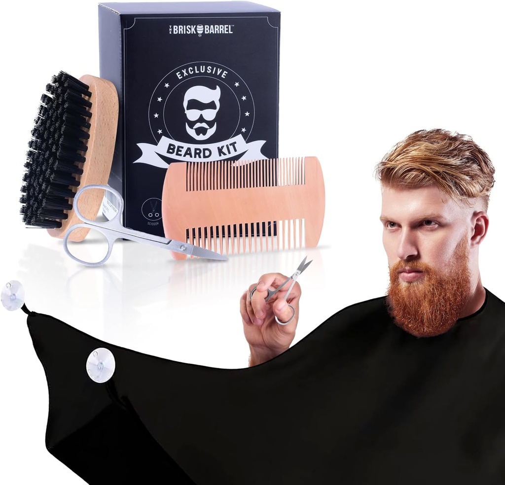 Beard Grooming Kit til mænd 4 i 1. Beard Brush og Comb Set med Messy Free Bib Aprin, Mustache Saks. Natural Brush and Dual Action Comb. Mænds Grooming. Gave til Mand,
