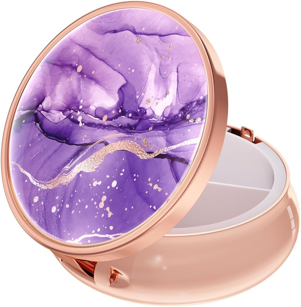 Rouidr Pill Box, 3 Segment Medicine Pill Case, Lille Metal Travel Medicine Box for purse & Pocket, Rose Gold, Purple Marble