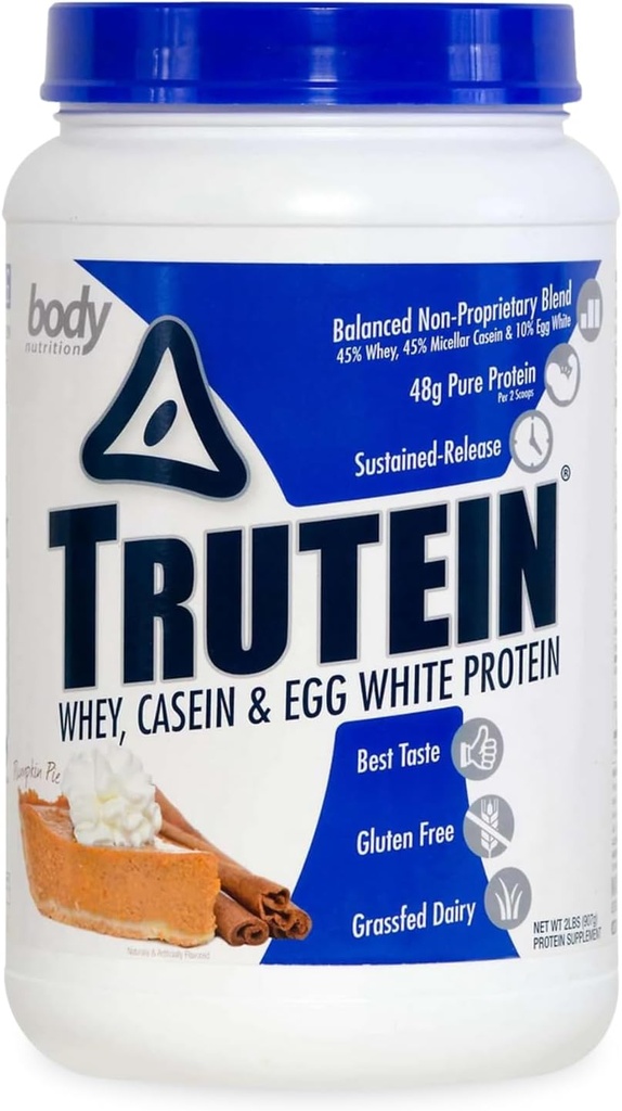 Body Nutrition Trutein High Protein Powder: 45% Whey, 45% Casein, 10% Egg White, Gluten- Free, Lavnatrium, Grass Fed Whey Protein Powder, Gym Supplement & Breakfast Shake, Pumpkin Pie, 2lb