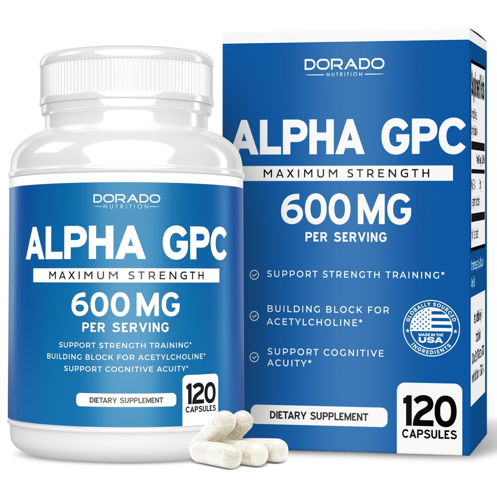 Alpha GPC Cholin Kapsler - 120 Count, 600mg Servering (Brain Support Support, der understøtter fokus, hukommelse, motivering, & energi (tredjeparts testet, Vegan Safe Made i USA) Brain Support Supplement