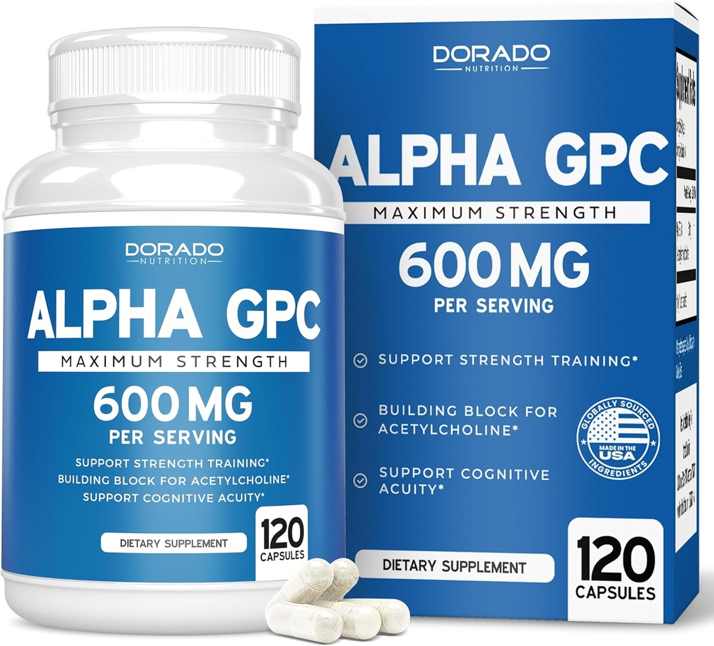 Alpha GPC Cholin Kapsler - 120 Count, 600mg Servering (Brain Support Support, der understøtter fokus, hukommelse, motivering, & energi (tredjeparts testet, Vegan Safe Made i USA) Brain Support Supplement