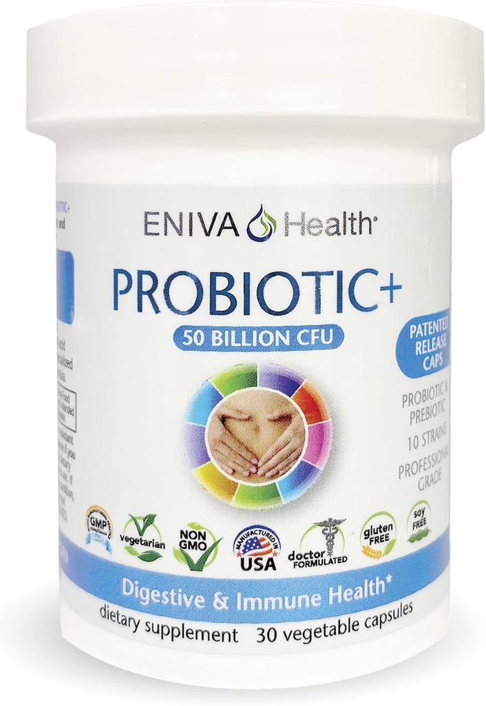 Eniva Health Probiotic med Prebiotic 10 Stammeleg 124; 50 Millioner CFU Per Kapsler 124; 30 Kapsler Per Flaske 124; Doctor Formuleret • 124; Patenteret Udgivelseskapsler • 124; Ingen fyldstoffer