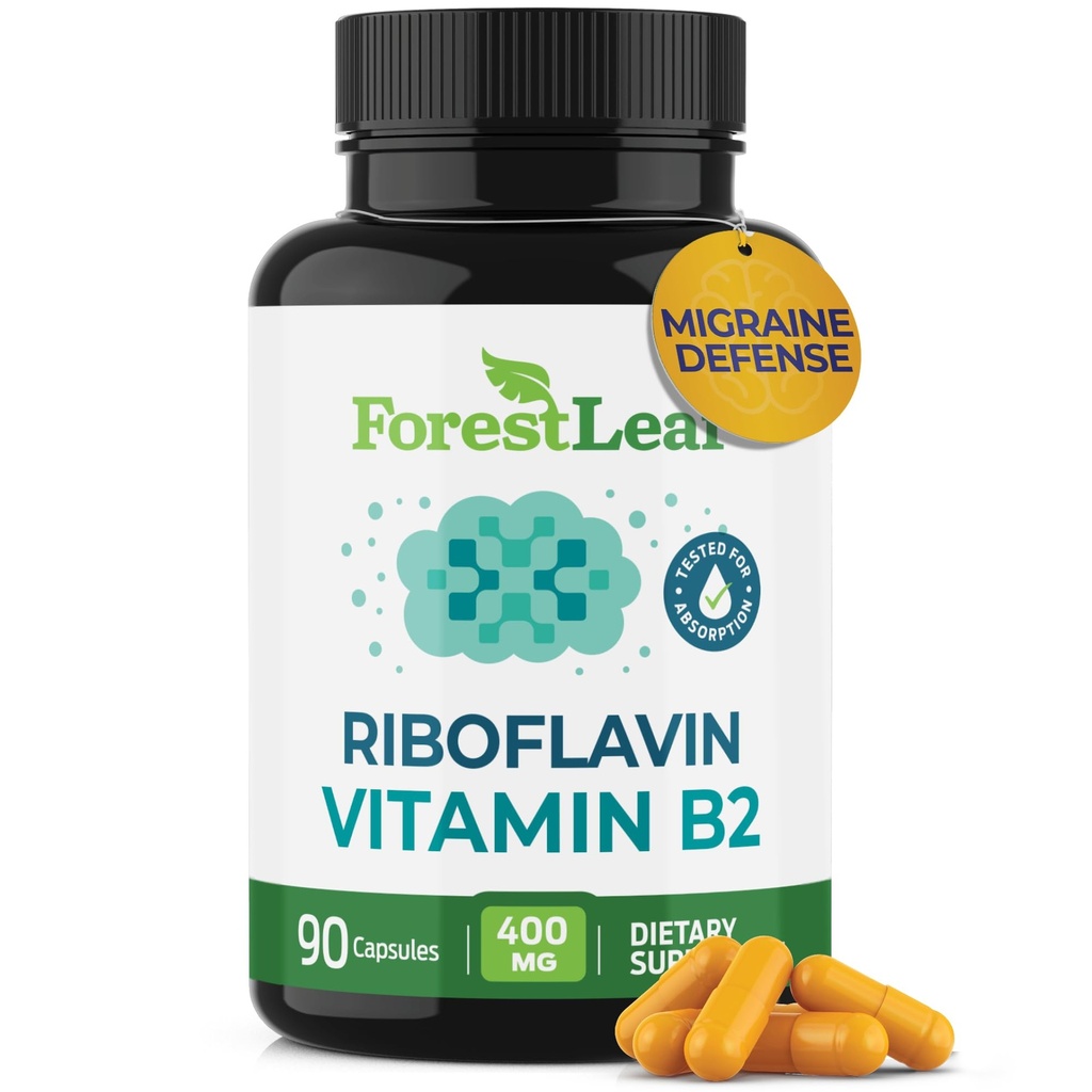 ForestLeaf Vitamin B2 Riboflavin 400mg - Energi, Hud & Cellular Health Supplement - Nervesystemet Support - Vitamin B 2 VIT B - Non- GMO & Gluten Free - B2 Vitamin 400mg Vegetabilske kapsler, 90 Tæl