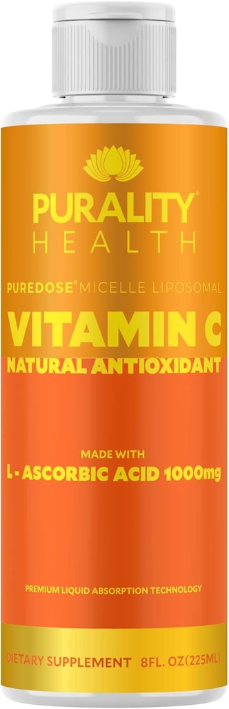 PURALITY SUNDHED Vitamin C Liquid Supplement 1000mg per servering, Micelle Liposomal Enhanced Absorption, Non-GMO, Gluten Free, Vegan, 15 dages forsyning