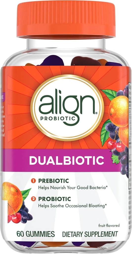Align Dualbiotic, Prebiotics and Probiotics for Women and Men, Probiotics for Digestive Health, Prebiotics Help Nourish Good Bacteria, Natural Fruit Flavors, 60 Probiotic Gummies