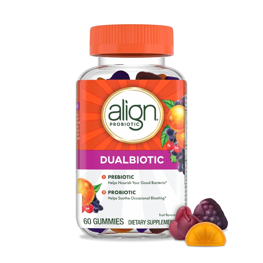 Justér dualbiotika, Prebiotika og probiotika til kvinder og mænd, Probiotika til fordøjelsessygdomme, Prebiotika hjælp nourish gode bakterier, naturlige frugtflager, 60 Probiotiske gumier