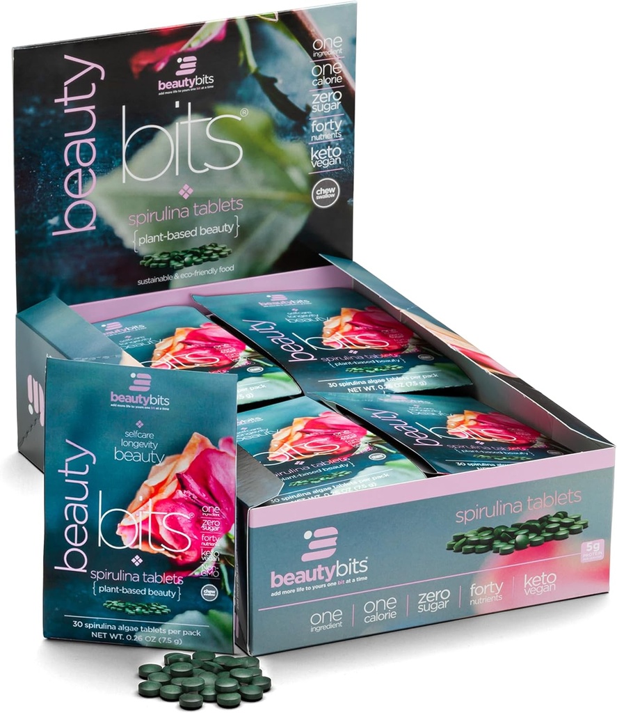 BEAUTYbites - Organic Spirulina Tablets - Algae Superfood - Collagen, Protein, Chlorophyll - Hår, Nails, & Hudpleje - Vegan, Keto, Gluten Free - Selvpleje - Skincare Skønhed - 30 poser, 900 tabletter