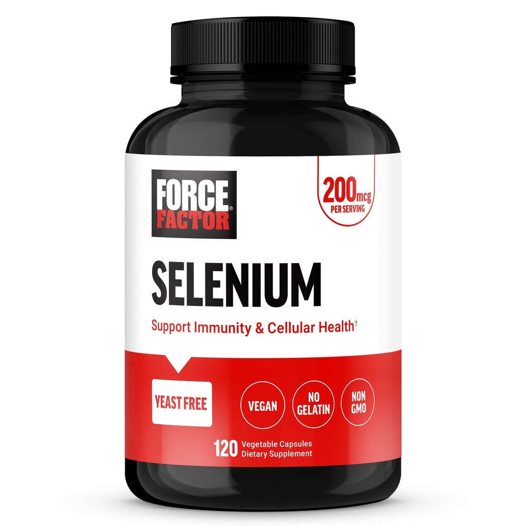 Force Factor Selenium immunforsvar Support, Selenium 200mcg kapsler til støtte immunforsvar, Immunitet supplement, Vegan, Non- GMO, 120 kapsler