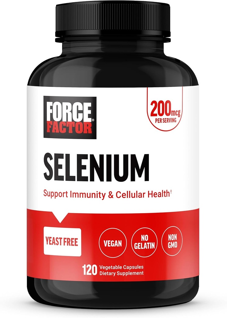 Force Factor Selenium immunforsvar Support, Selenium 200mcg kapsler til støtte immunforsvar, Immunitet supplement, Vegan, Non- GMO, 120 kapsler