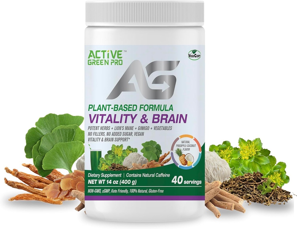 Vitality & Brain Powder, Blend of Synergistic Herbs, Lions Mane, Ginkgo, og grøntsager, Plantbaserede Formel, Ingen Fillers, Ingen Sukker Tilføjet - 40 Servere