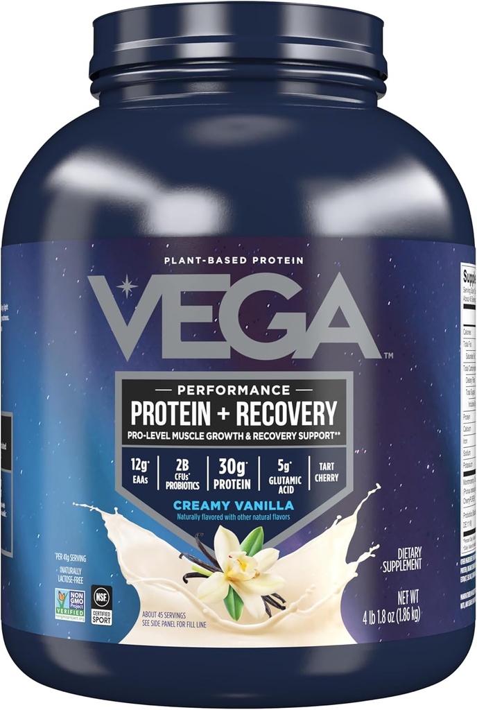 Vega Sport Vegan Protein Powder + Inddrivelse - 30g Plant Based Protein per Serving, Vanilla, 45 Servering, 5g BCAA, Probiotika, NSF Certified, For Shakes & Smoothies, 4.1lbs (Packaging May Vary)
