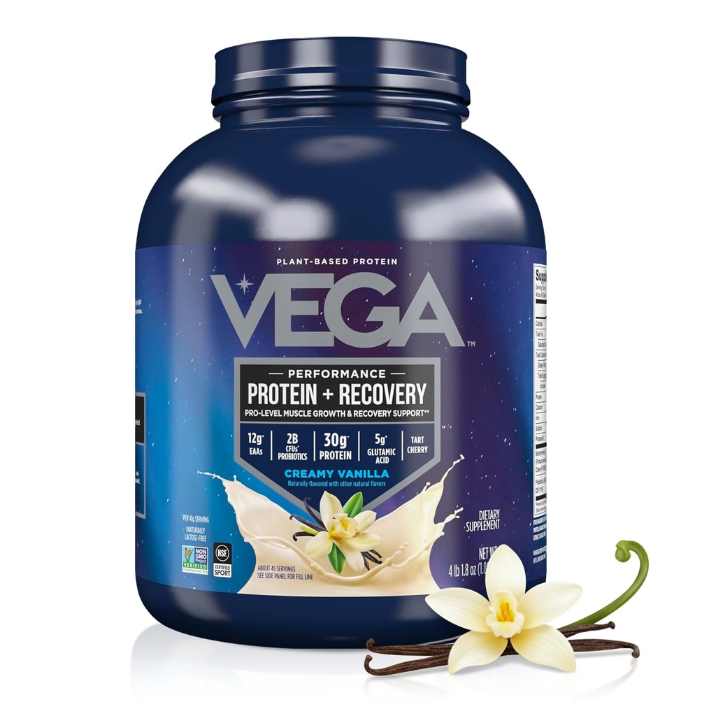Vega Sport Vegan Protein Powder + Inddrivelse - 30g Plant Based Protein per Serving, Vanilla, 45 Servering, 5g BCAA, Probiotika, NSF Certified, For Shakes & Smoothies, 4.1lbs (Packaging May Vary)
