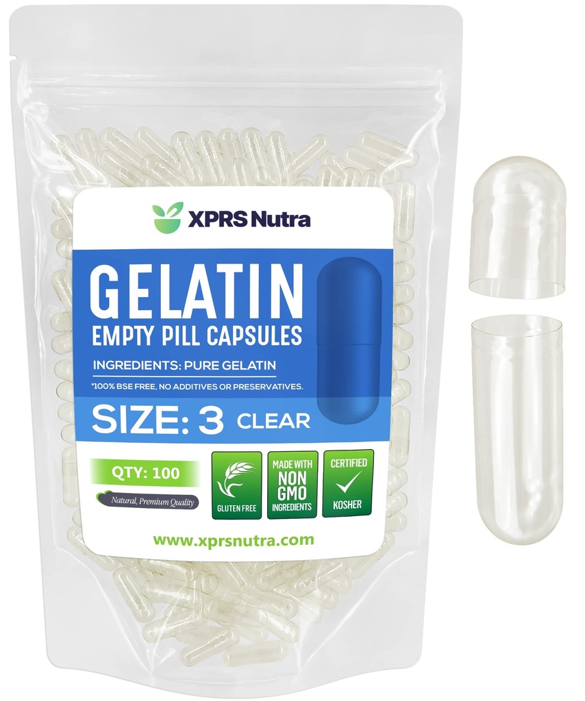 XPRS Nutra Størrelse 3 Tomme kapsler - 100 Tomme Tomme Gelatine kapsler - Piller gør det selv Capsule Fyldning - Pure Bovin Pill Gel Caps Fyldelig Do- It- Yourself Vitamin og kosttilskud
