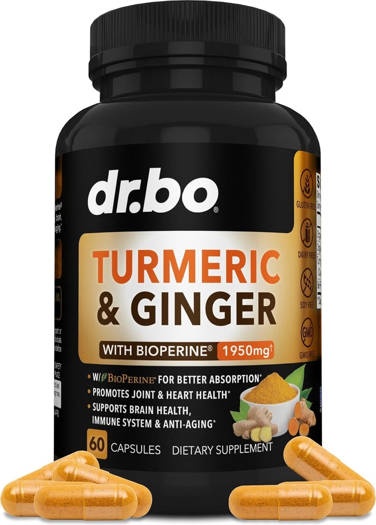 Gurkemeje med BioPerine & Ingefær Supplement - 1950mg Økologisk Tumerisk og Curcumin BioPerine Black Pepper Pills - Gurkemeje og Ingefær Supplement 60 Kapsler