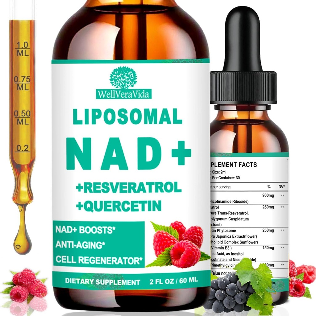 NAD Kosttilskud til kvinder & mænd, Liposomal NAD Nicotinamid Riboside Resveratrol 900mg, TMG, Quercetin, vitamin B3, Organic Liquid NAD Resveratrol Supplement for Longevity, Energy, Anti- Aging, Focus