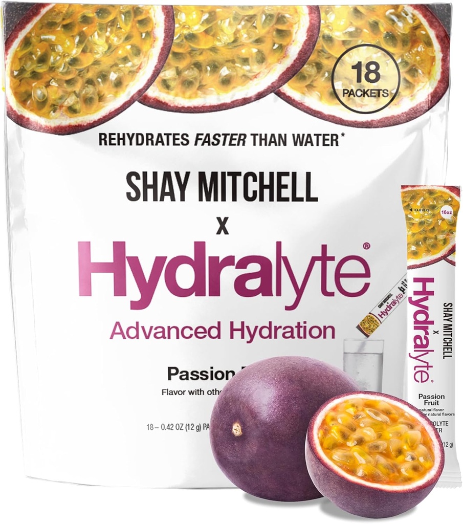 Hydralyte Shay Mitchell Electrolyte Powder Packets, Low Sugar Rapid Rehydration, Hydration Powder for Heat, Rejser, Motion og Bachelorette Parties (Passionsfrugt)