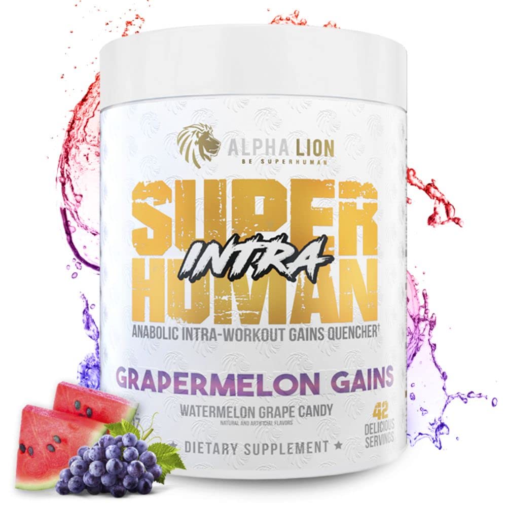 ALFA LION Superhuman Intra Workout Pulver til mænd og kvinder, Aminosyrer Drik, Muskel Inddrivelse Supplement, BCAA Pulver, Elektrolyter & Hydration Mix (42 Servering, Vandmelon Grape Candy Flavor)