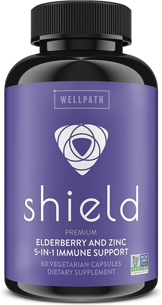 WellPath Shield Elderberry Capsules - 5-in-1 Immunstøtte Booster med zink, C-vitamin, Echinacea, Bee Propolis - Premium Zink supplement - 600 mg Sambucus Black Elderberry piller til voksne - 60 Ct