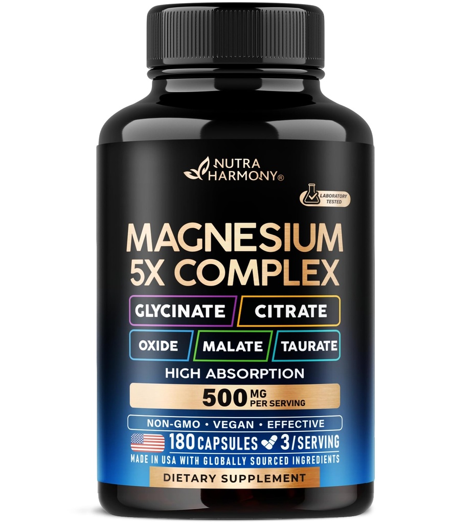 Magnesiumtillæg - 5 i 1 Complex - 124; Glycinate - 124; Citrate - 124; Malat - 124; Taurat - 124; Oxide - Made in USA - Stress, Muscle & Heart Support - Vegan, Natural, Non- GMO - 180 Kapsler, 2 Måned Supply