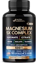 Magnesiumtillæg - 5 i 1 Complex - 124; Glycinate - 124; Citrate - 124; Malat - 124; Taurat - 124; Oxide - Made in USA - Stress, Muscle & Heart Support - Vegan, Natural, Non- GMO - 180 Kapsler, 2 Måned Supply
