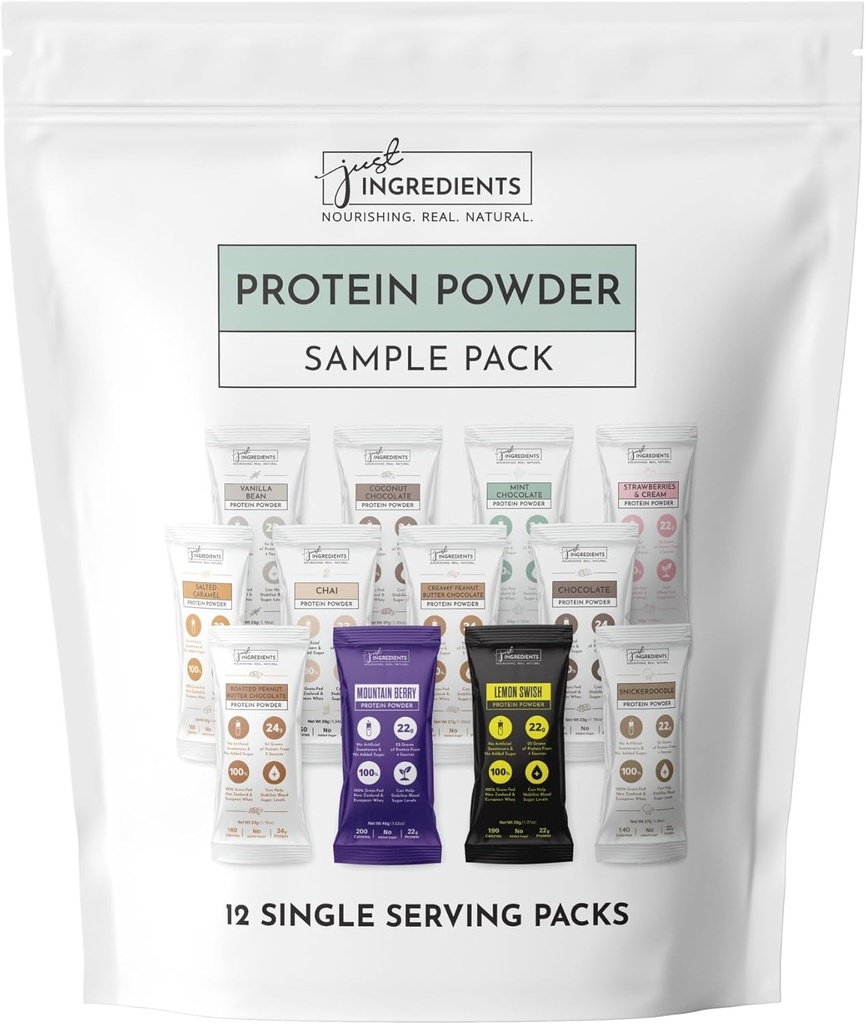 Protein pulver Lavet med 100% Grass Fed, Ikke Denatureret Whey Budding 124; Fire forskellige proteinkilder fra økologiske hele fødevarer Ingredienser; 12 Servering Budding 124; 22g Protein (12 Servere, Sample Variety Pack)
