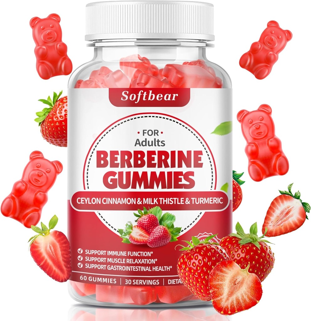 softbear Berberine med Ceylon Kanel Gummies Organic Berberine HCL 1500mg for Metabolisme Immunsundhed Sugar- Free Berberine Kosttilskud Strawberry Flavored 60 Greve