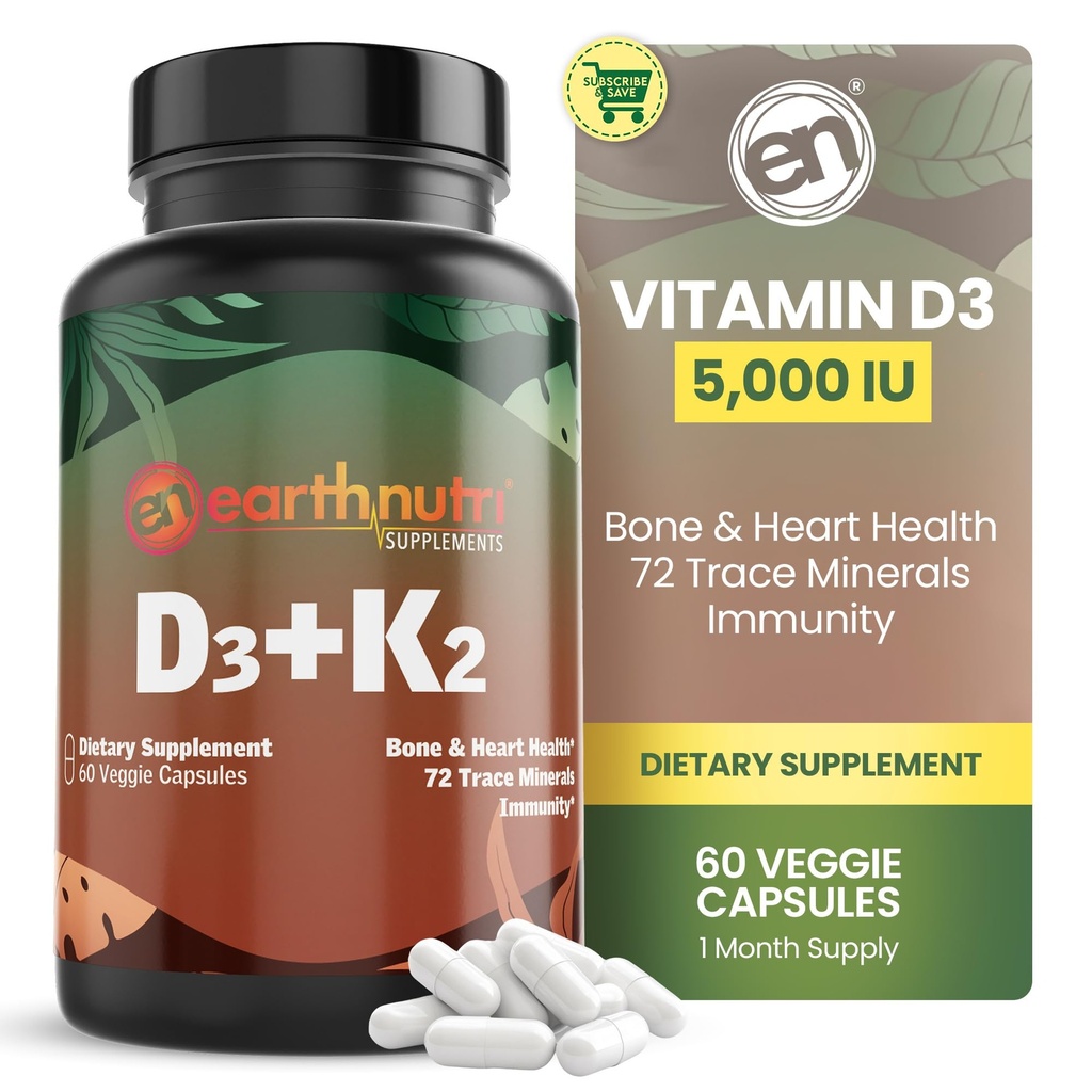 EarthNutri Vitamin D3 K2 Supplement 5000 IE - Inkluderer K2 fra MENA Q7, D3 fra Vitashine, Calcium fra Aquamin & 72 Trace Minerals - for immun-, ben- og hjertesundhed - non- GMO - 60 Veg kapsler