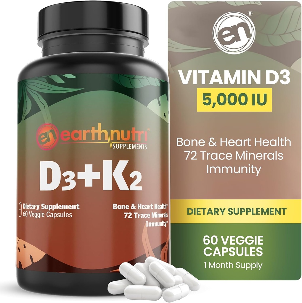 EarthNutri Vitamin D3 K2 Supplement 5000 IE - Inkluderer K2 fra MENA Q7, D3 fra Vitashine, Calcium fra Aquamin & 72 Trace Minerals - for immun-, ben- og hjertesundhed - non- GMO - 60 Veg kapsler