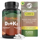 EarthNutri Vitamin D3 K2 Supplement 5000 IE - Inkluderer K2 fra MENA Q7, D3 fra Vitashine, Calcium fra Aquamin & 72 Trace Minerals - for immun-, ben- og hjertesundhed - non- GMO - 60 Veg kapsler