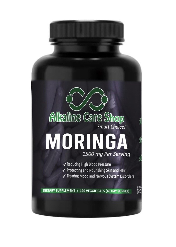 Alkalisk Pleje: 124; Moringa Premium Extract 1500mg; C-vitamin: 124; Høj Absorption: 100% Natural, Whole Food, Non- GMO Supplement: 124; Reducerende højt blodtryk, hud sundhed & energi (120 Veggie kapsler)