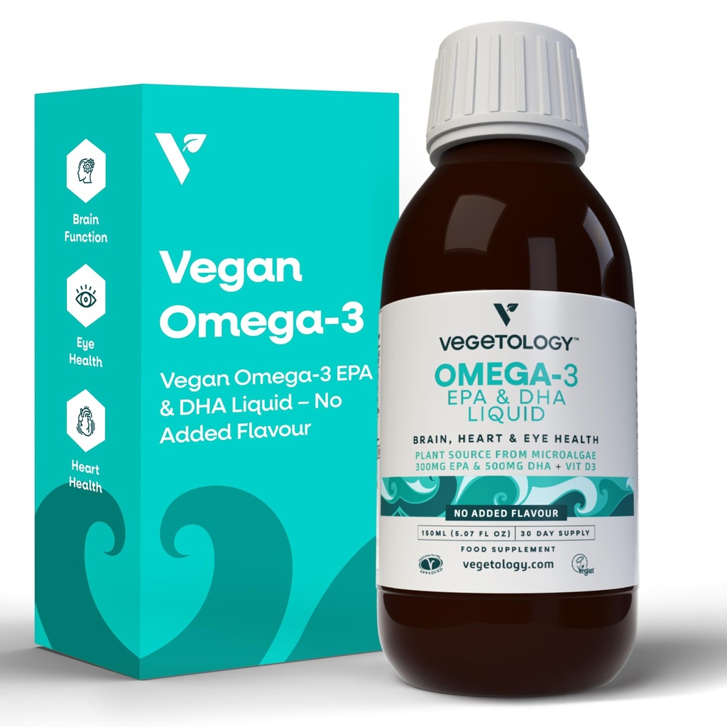 Vegansk Omega 3 Væske, fra Mikroalger, 800mg af EPA DHA, med vitamin D3, Understøtter hjerte, hjerne og øje sundhed, Natural Fish Oil Alternative, UK Made, Uaromatiseret